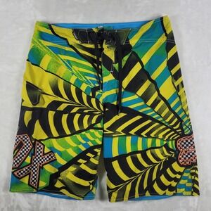 Fox Racing Board Shorts Men's 36 Blue Yellow Swim‎ Surf Athletic Beach Pool